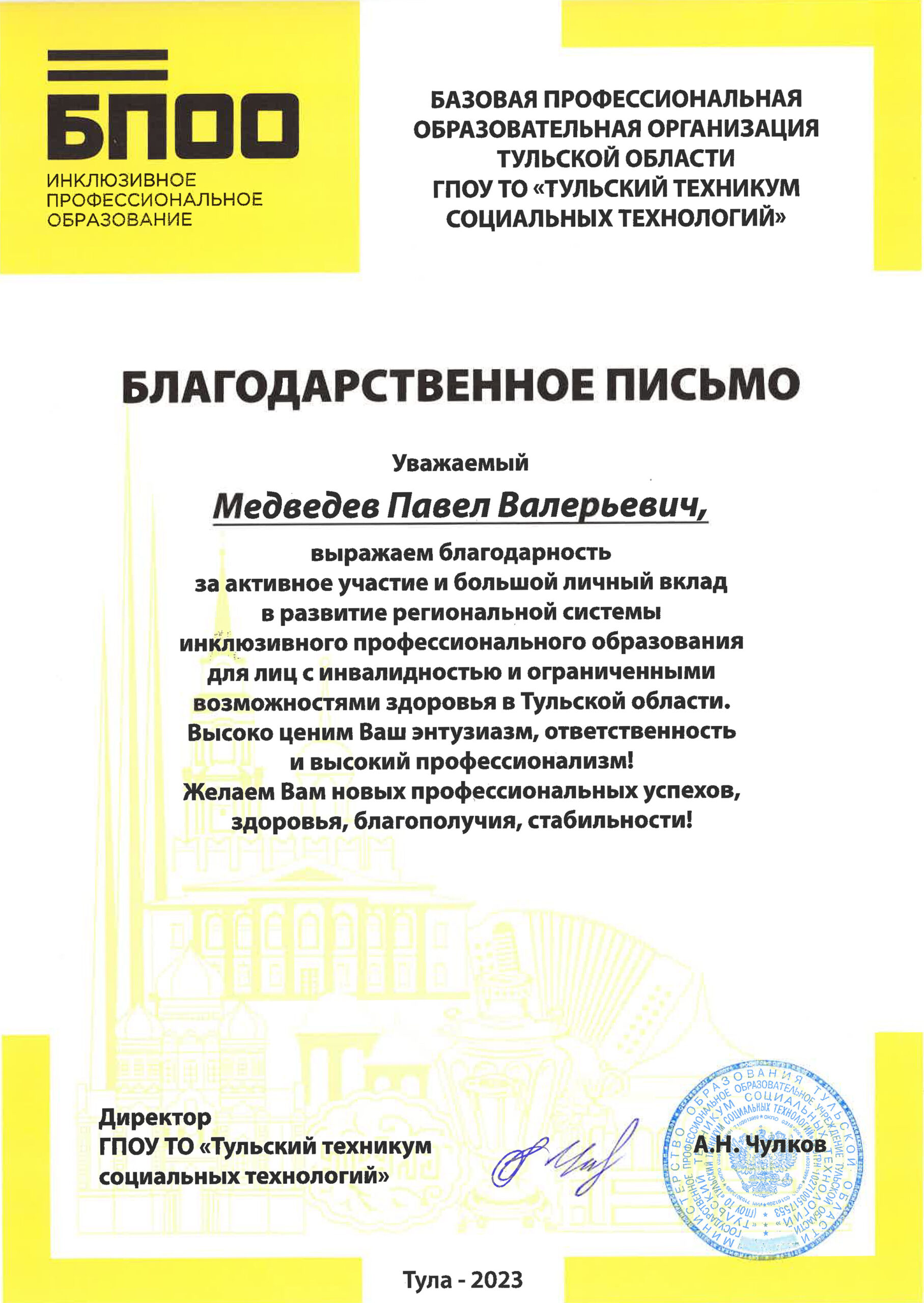 Медведев Павел Валерьевич - ГПОУ ТО «Тульский техникум социальных  технологий»